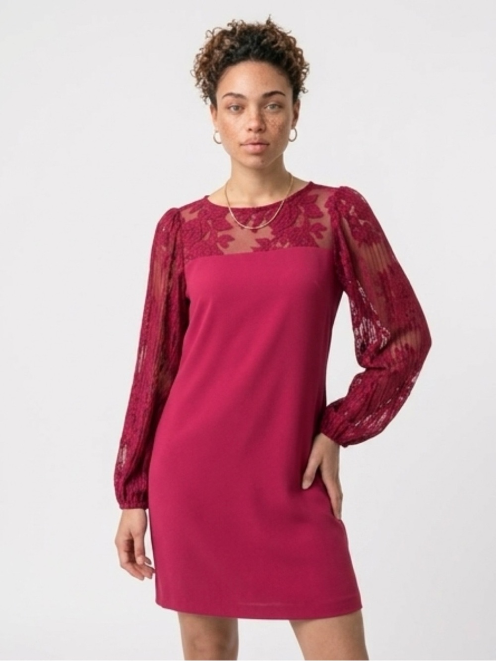 White House Black Market Burgundy Lace Long-Sleeve Shift Dress